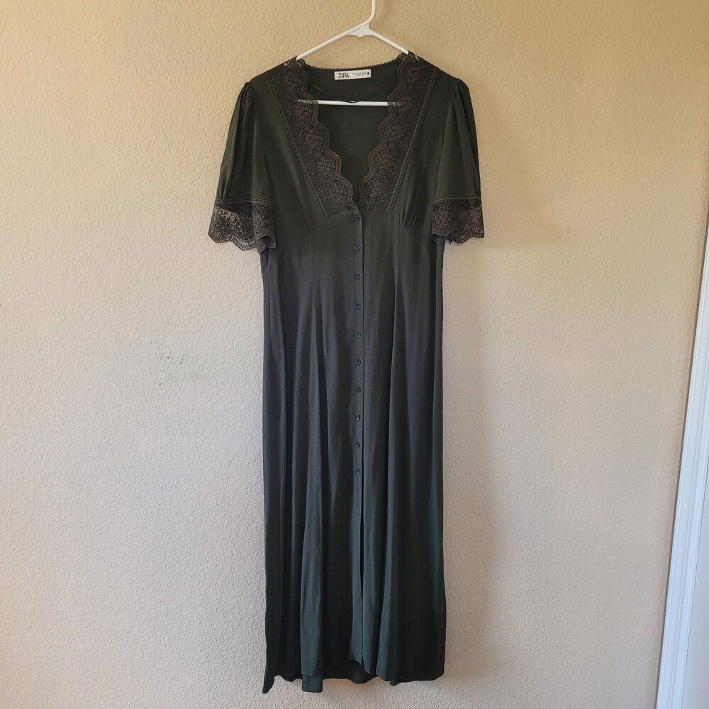 Zara Lace Midi Dress Size Small Moss Green V Neck Button Front Whimsigoth Fairy